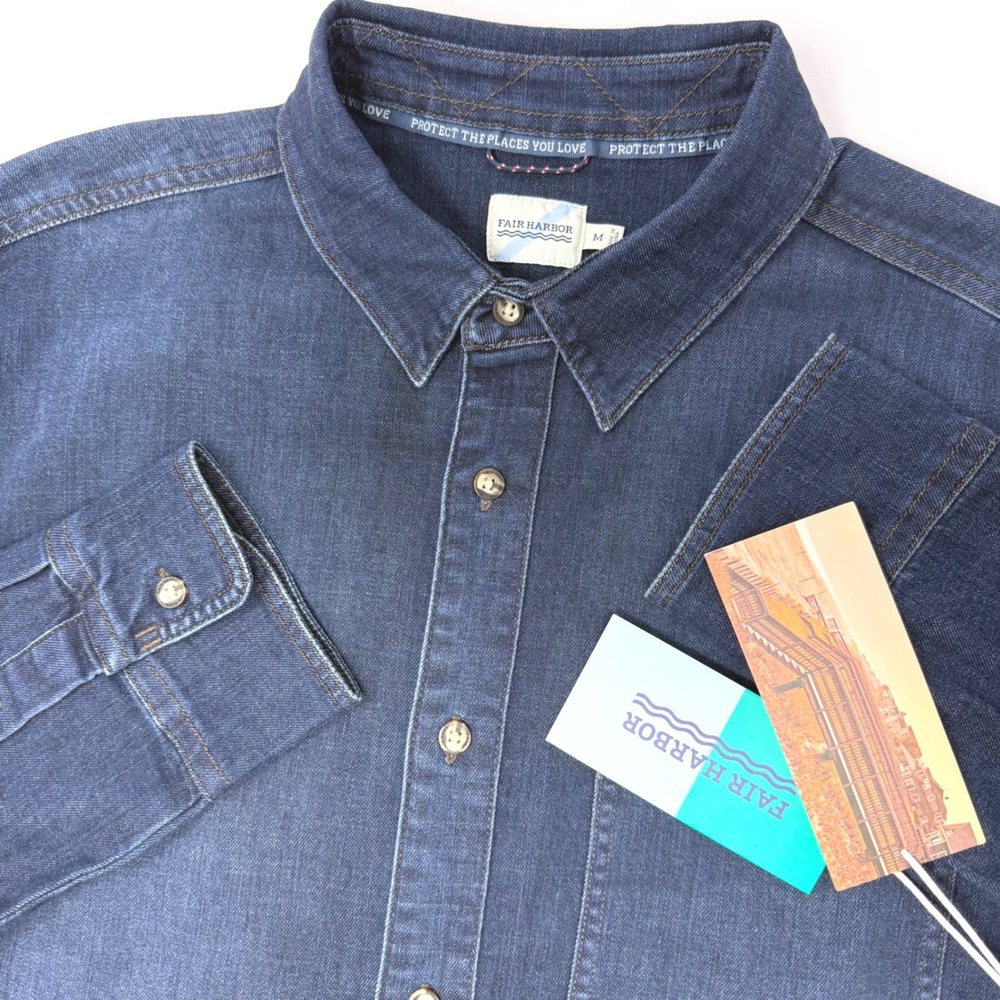 Fair Harbor Mens Medium Driftwood Denim Shirt Dark Wash Stretch Button Down NEW‎